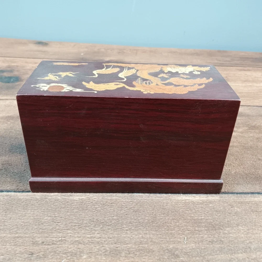 VTG MCM Asian Cherry Wood Carved Birds Abalone Shell Jewelry Box